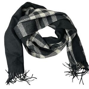 Burberry Cashmere Scarf Black White Metallic Thread Fringe Novacheck Plaid
